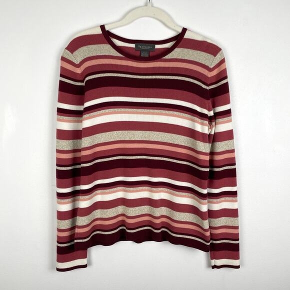 y2k Vintage Van Heusen Striped Sweater Long Sleeve Knit Top Pink Tan Cotton - Picture 1 of 12
